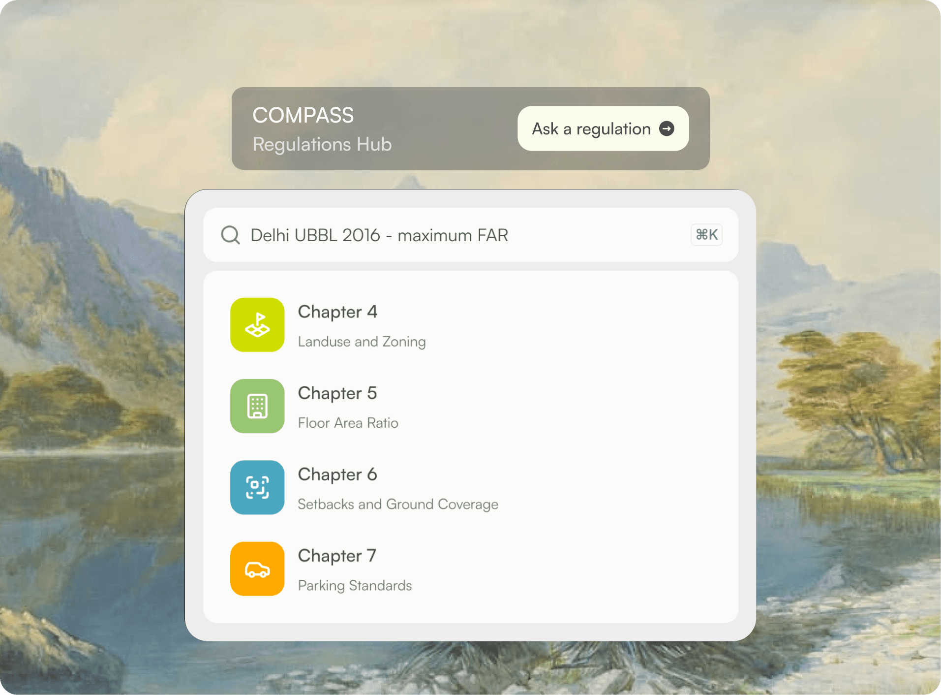 Compass regulations hub search with a Delhi UBBL 2016 query and matching chapters
