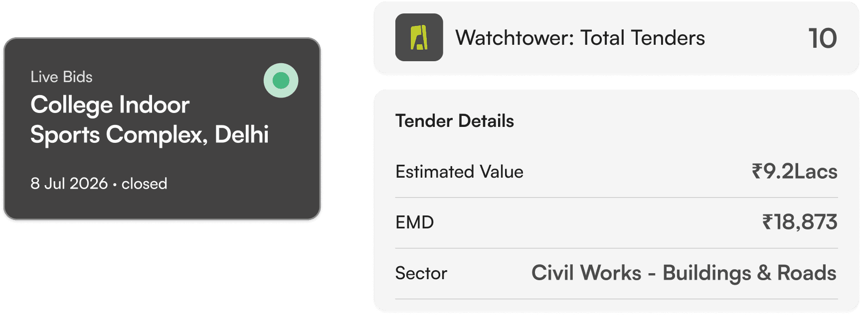 Watchtower tender tracking cards showing live bids and tender details